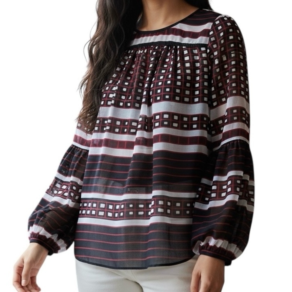 Black & Red Geometric Blouse Sheer Long Sleeve Top | Size XS